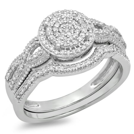- 0.40 Carat (ctw) 10K Gold Round White Diamond Ladies Micro Pave Swirl Split Shank Engagement Ring Set