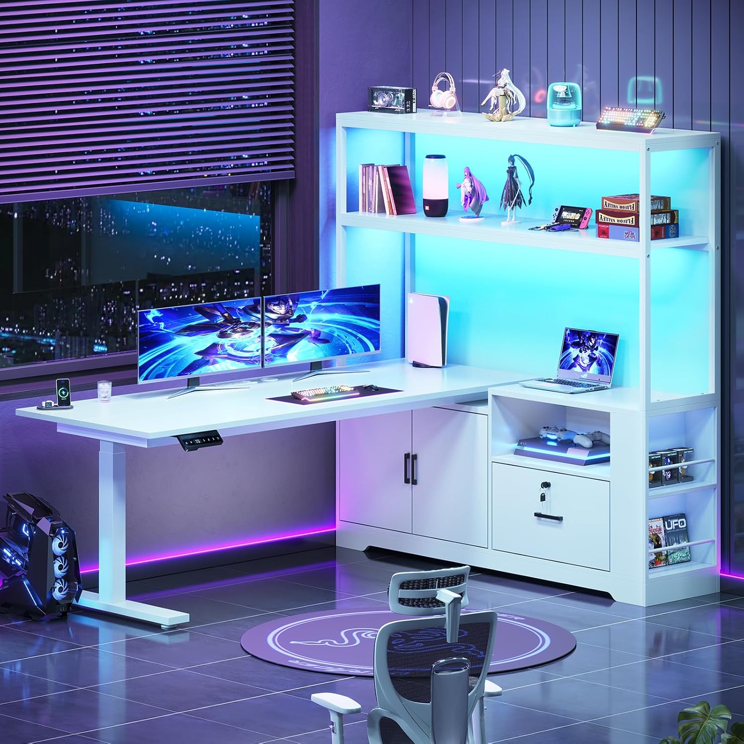 SEDETA 29.5"~48.6"H L Shaped Standing Desk with Storage, Electric Adjustable Height Home Office Desk, Large PC Workstation with Power Outlet, Corner Computer Desk with 23.1"D Spacious Desktop, White