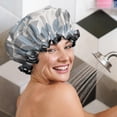 thumbnail image 5 of Shower Caps,Blue and Gray Floral Pattern Waterproof Shower Cap for Women 4 Pieces,Double Reusable Hair Cover for Shower PEVA Elastic Stretch Hem, 5 of 7