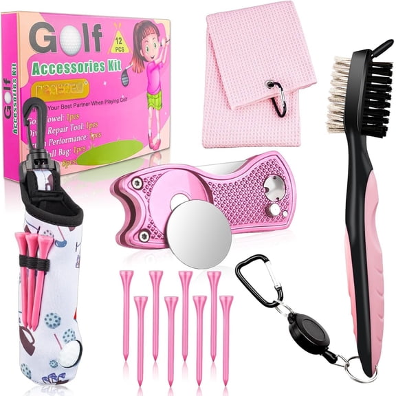 12 count Golf Accessories Kit Include Golf Ball Bag Golf Tees Golf Towel Golf Club Cleaner Brush Cleaner Tool Divot Tool Ball Marker, Golf for Women Man
