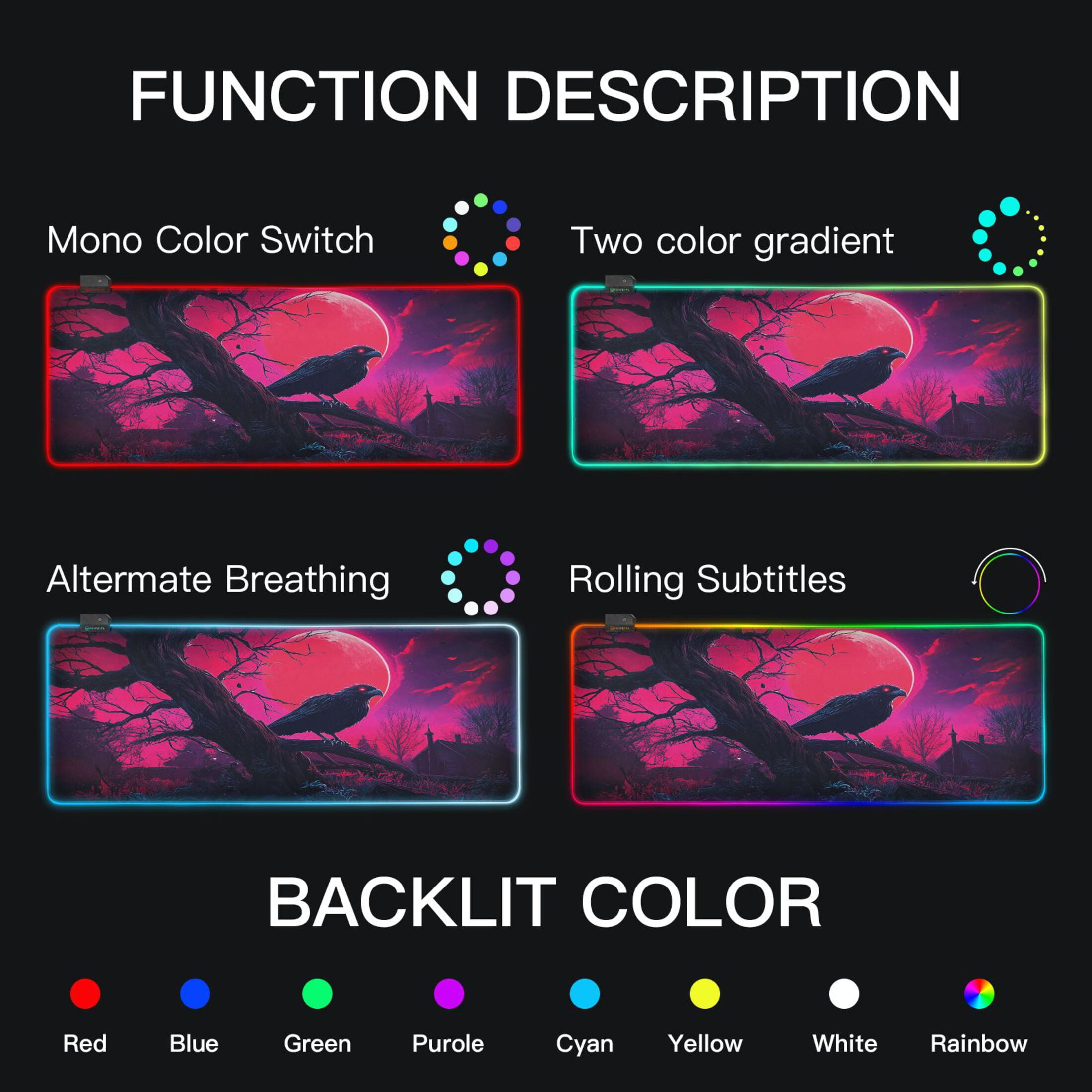 Haosy RGB Led Gaming Mouse Pad Non-Slip Large Keyboard Desk Mat 13 Light Modes 31.5x11.8 inch Crow and Red Moon