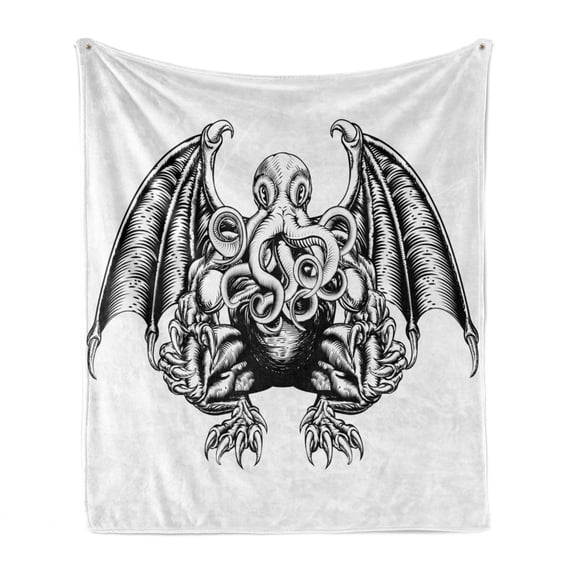 Kraken Soft Flannel Fleece Blanket, Cthulhu Monster Evil Fictional Cosmic Monster in Woodblock Style Illustration Print, Cozy Plush for Indoor and Outdoor Use, 60" x 80", Black White, by Ambesonne