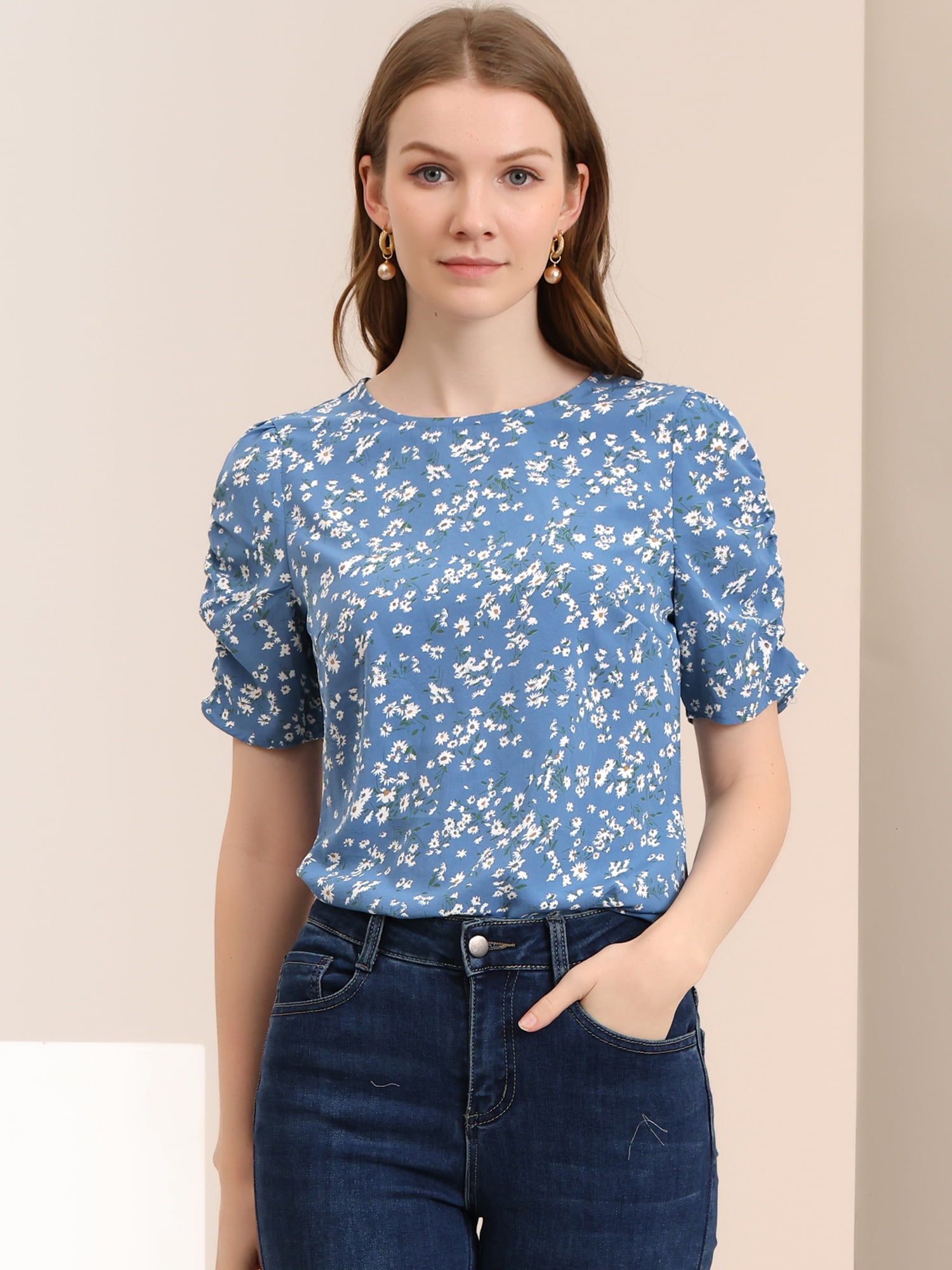 DARING DIVA Floral Crew Neck Shirred Short Sleeve Casual Top XL Blue White