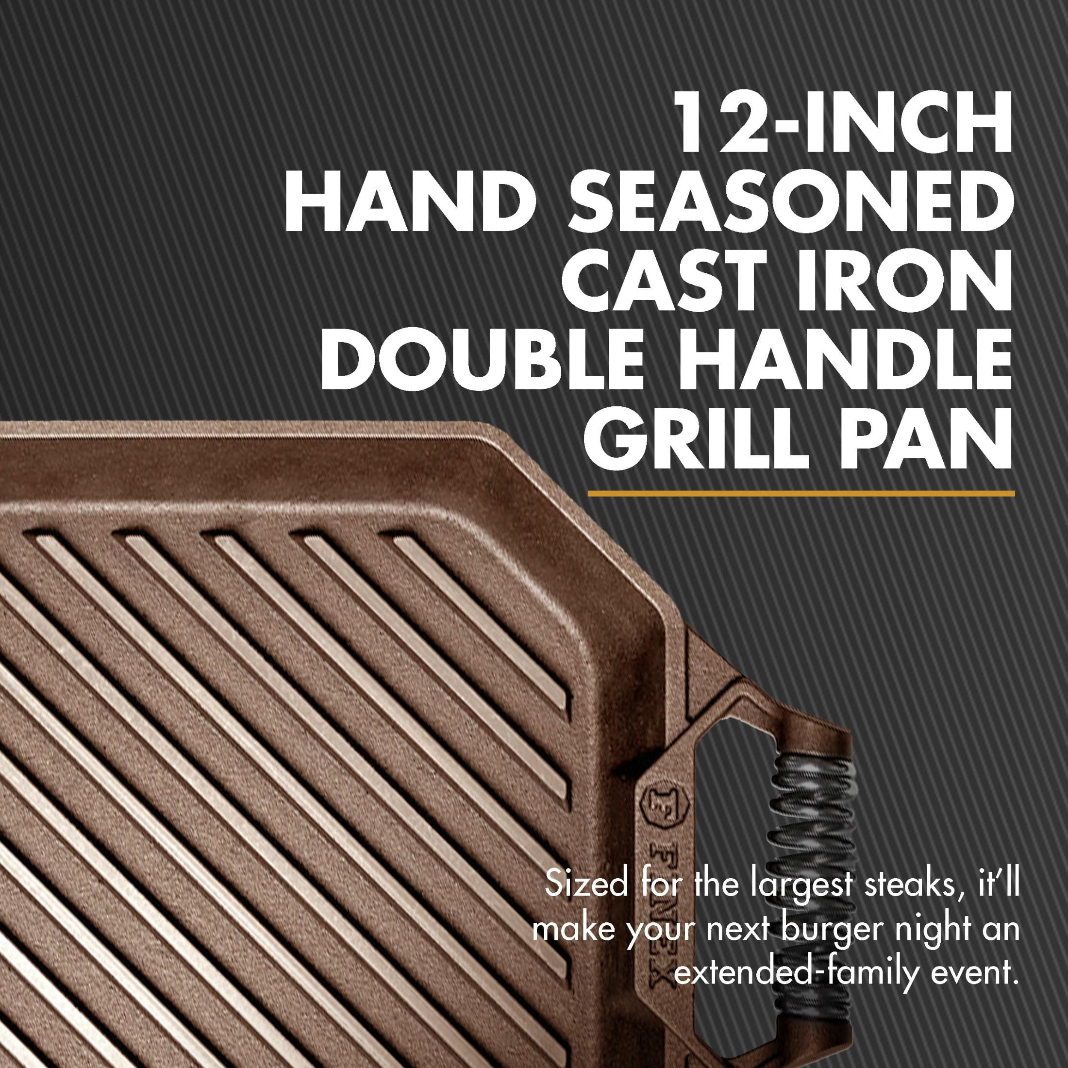 FINEX 12" Cast Iron Grill Pan - Grill Pans with Superior Heat Distribution - Near Non-Stick for Easy Cleaning - Cast Iron Grill Pan - For Indoor & Outdoor Grilling - Pre-Seasoned with Flaxseed Oil