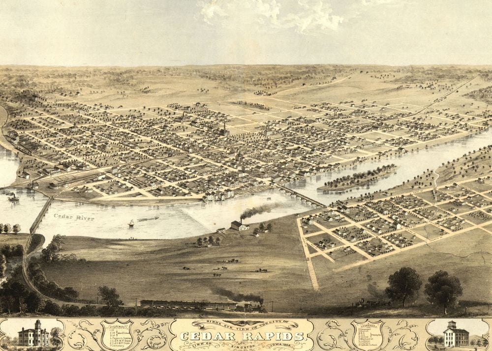 1868 Map Birds eye view of the city of Cedar Rapids and Kingston