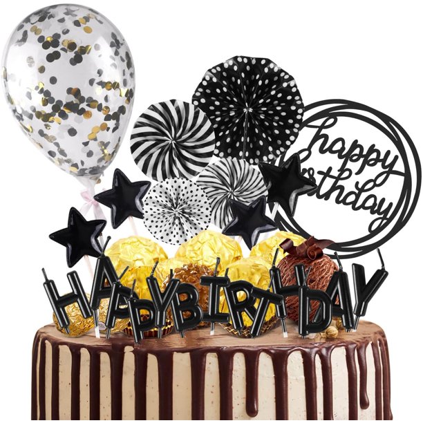 Birthday Candles Set - Cake Topper Decoration with Cake Candles Confetti Balloon Stars and Fan Cupcake Toppers 12 Pieces Birthday Cake Decor for Birthday Party Celebration (Gold)