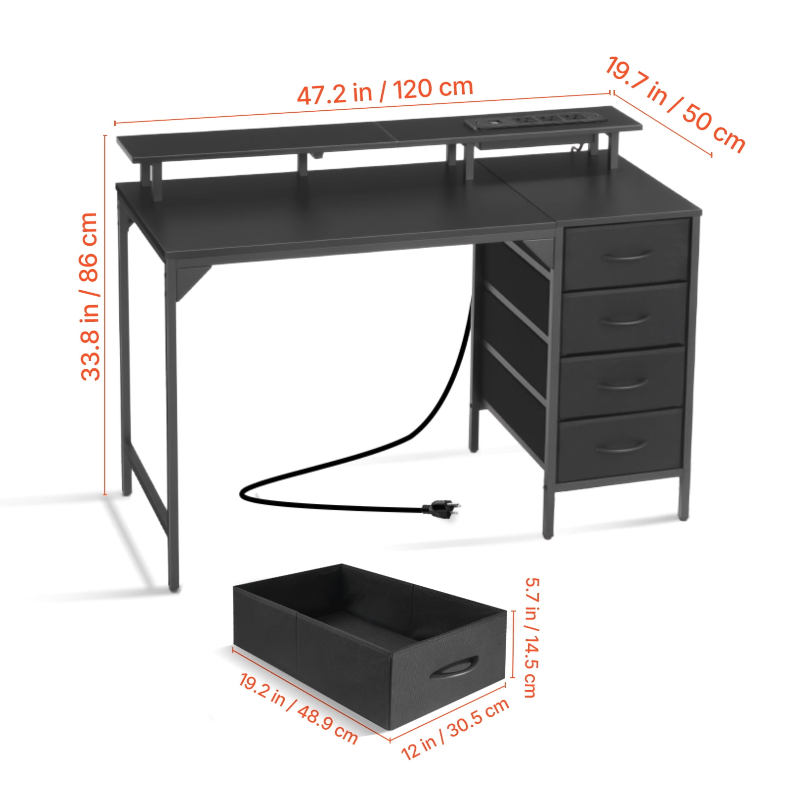 KFFKFF 47" Gaming Desk with LED Lighting & Power Outlets, Computer Desk with 4 Spacious Drawers, Monitor Riser, Black