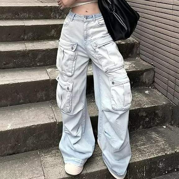 Jacenvly New Pants for Women Jeans Long Pants Fashion Solid Comfort Waist Cargo Jeans for Women High Waist Skin-Friendly Comfort Waist Pocket Light Blue XXXL