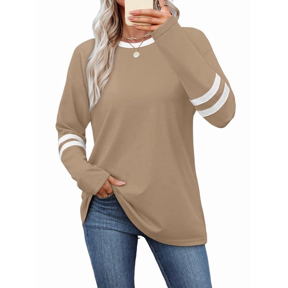 Long Sleeve Shirts for Women Color Block Casual Tops Fall Outfits Basic Tees Trendy Clothes Khaki S