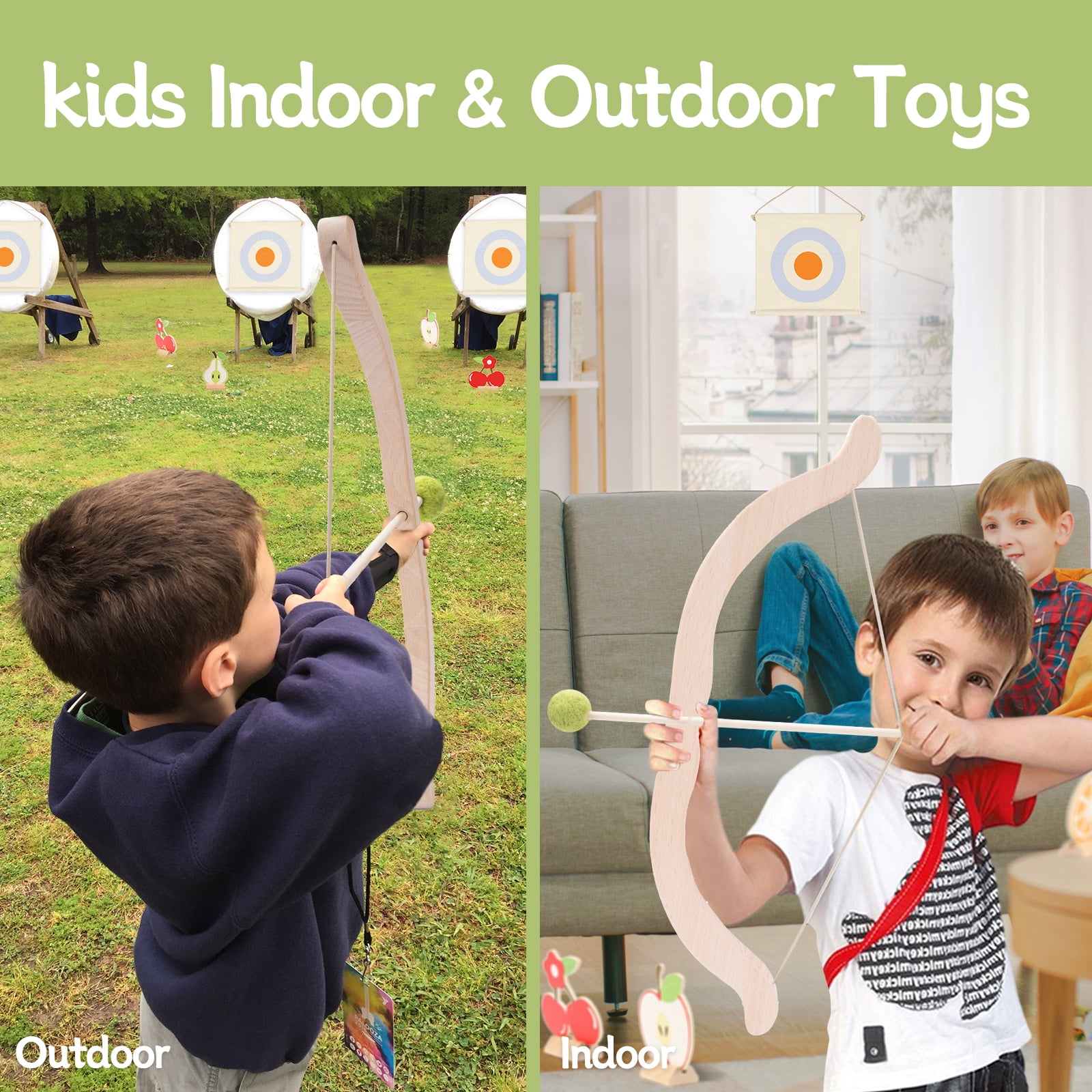 JBeeCtrl Kids Bow and Arrow Set, Wooden Archery Toy for Boys & Girls Aged 3-7, Bow and Arrow for Kids, Includes 5 Arrows, 5 Targets, Cotton Quiver, Indoor & Outdoor Play