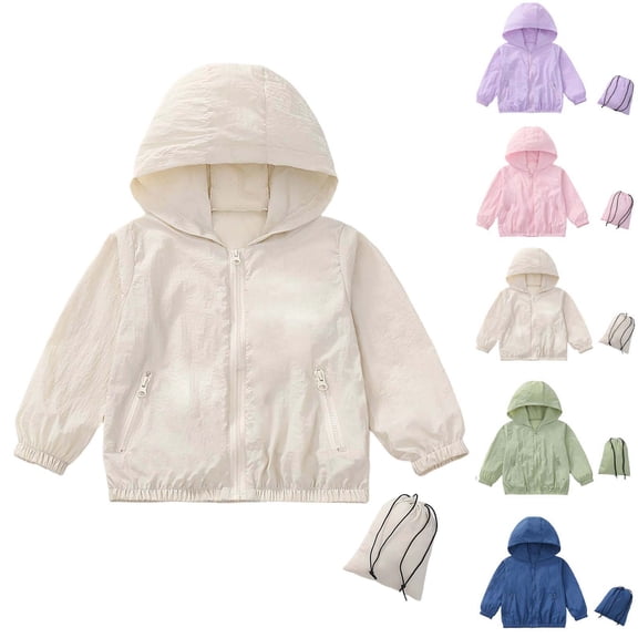 Children's Jackets Dqueduo Boys And Girls Summer Casual Fashion Hooded Zip Up Sun Protection Loose Jacket With Pockets Beige 3-4 Years