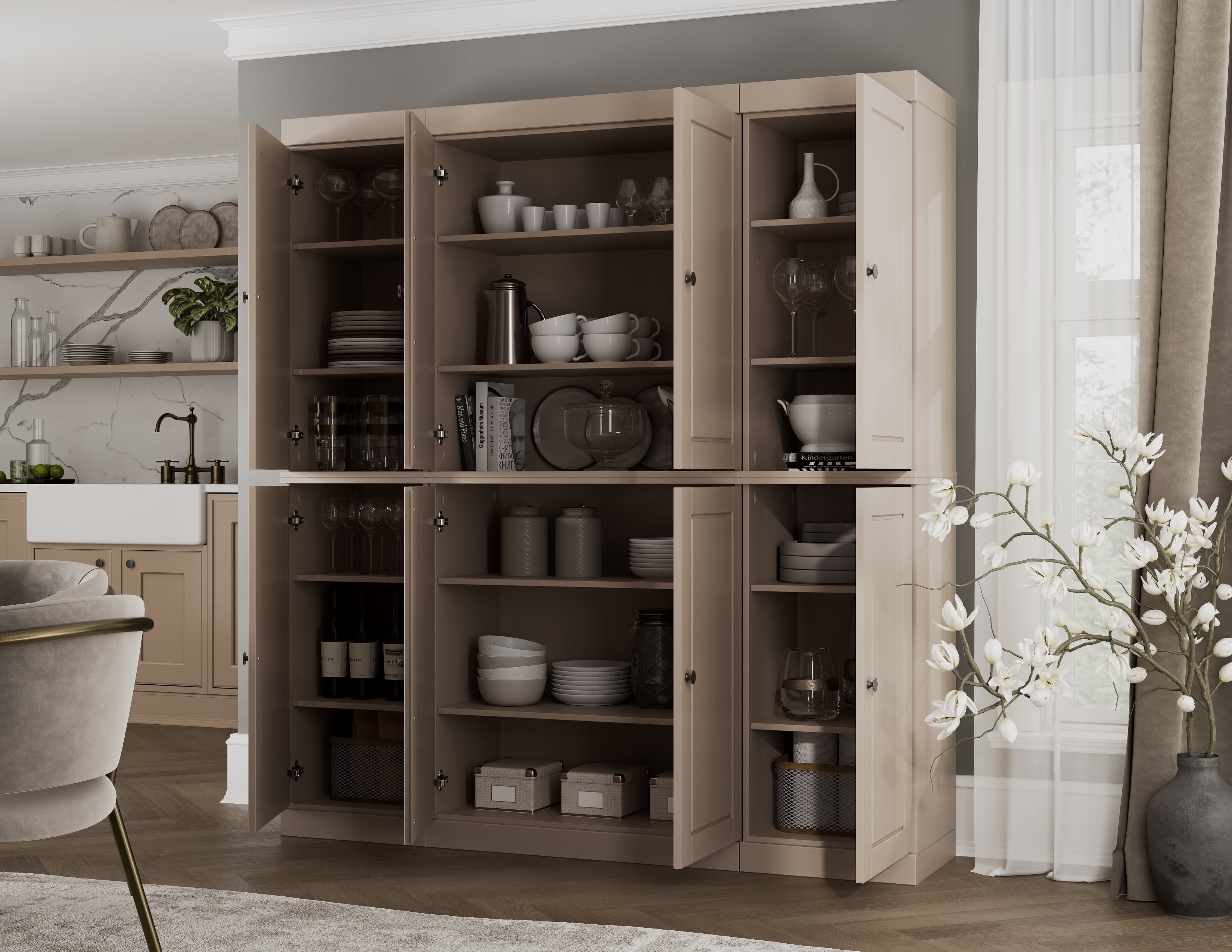 100% Solid Wood Kitchen Pantry Storage Cabinet with Solid Doors and Adjustable Shelves, Beige Wooden Modular Tall Cabinets