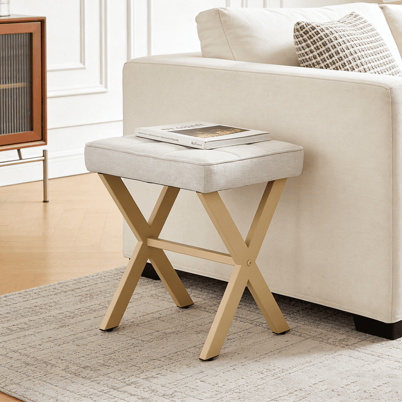 Linen Ottoman, 18" Makeup Vanity Stool, Small Square Padded Footrest for Bedroom, Living Room,Beige