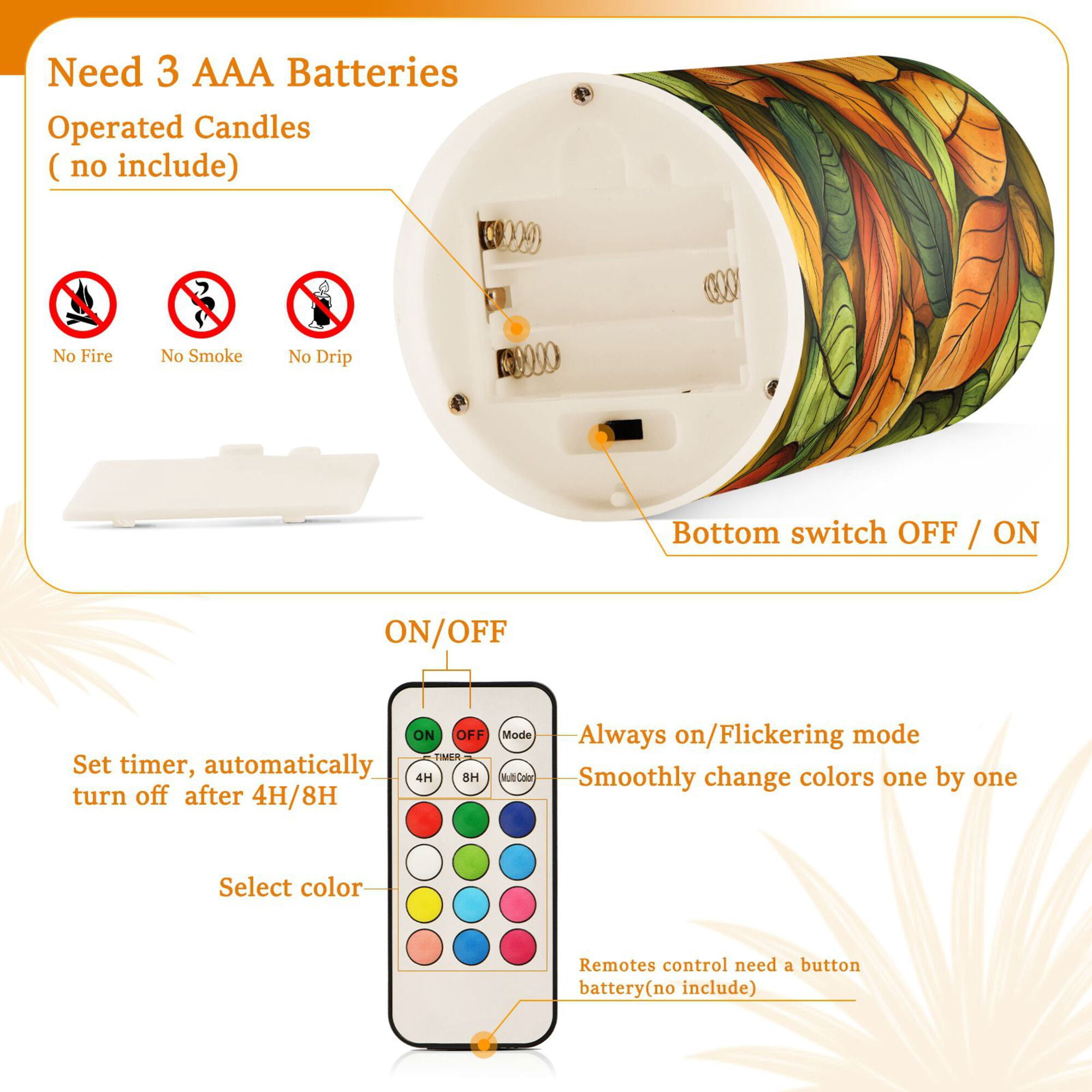 Yayeee Flameless Candles with Remote Flickering Battery Operated Multi Color Changing, Green Retro Leaves