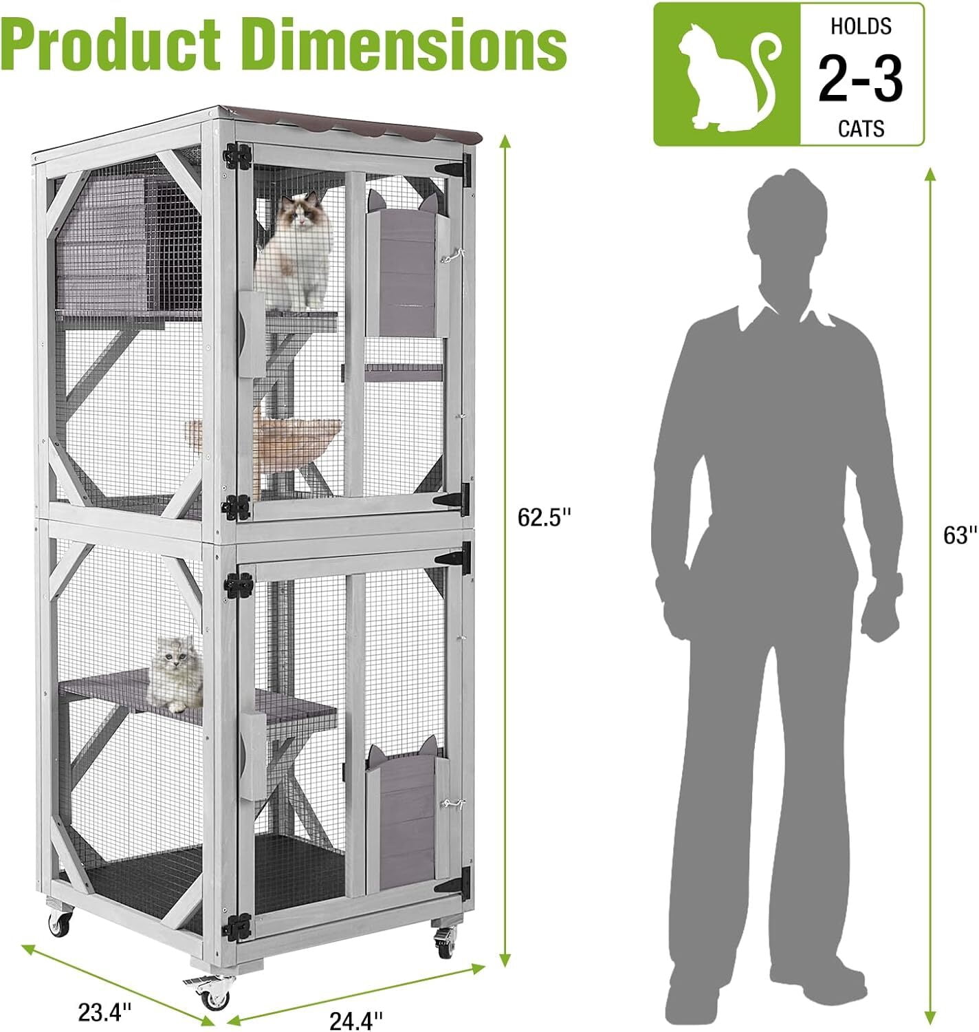 MEDEHOO Catio Outdoor Cat Enclosure - 62.5" Large Walk in Cat Cage on Wheels, Multi-Level Kitty House with Cat Scratching Post, PVC Layer, and Waterproof Roof Gray