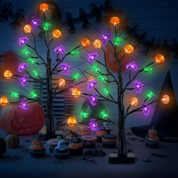 Teqhome 2Pack 23in Lighted Artificial Birch Tree Halloween Table Decor with 24 LED Lights Pumpkin Bat Spider Black Halloween Tree Lights