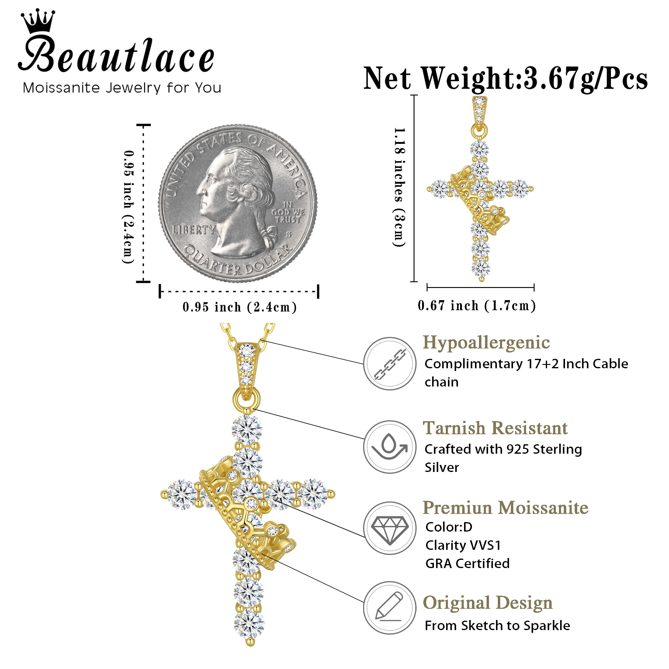 Beautlace Cross D Color VVS1 Moissanite Necklace,925 Sterling Silver Rotated Crown Round Cut Simulated Diamond Pendant Necklace Jewelry Gift for Women Wife Lover