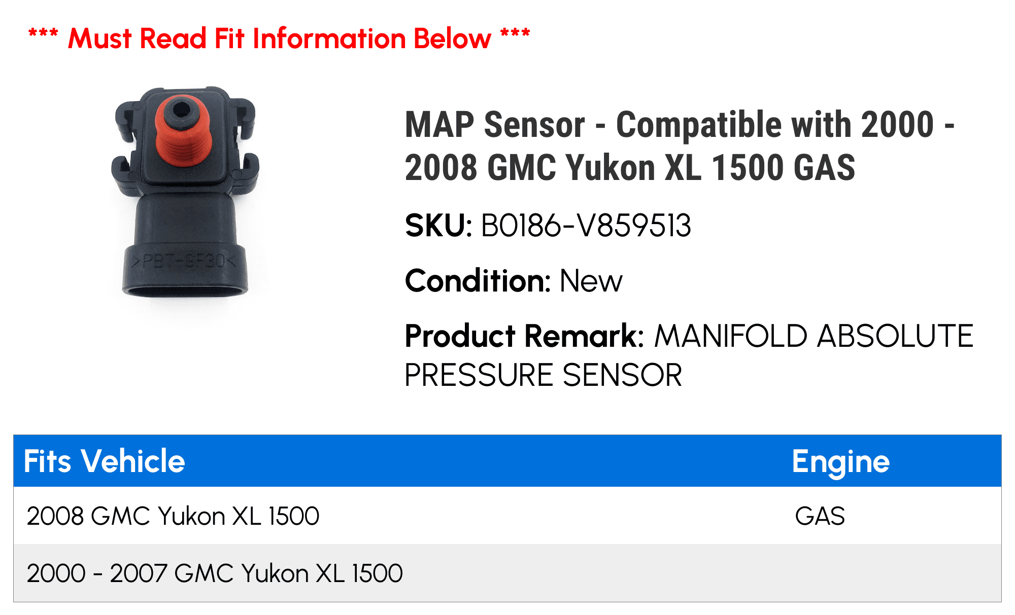 MAP Sensor - Compatible with 2000 - 2008 GMC Yukon XL 1500 GAS 2001 2002 2003 2004 2005 2006 2007