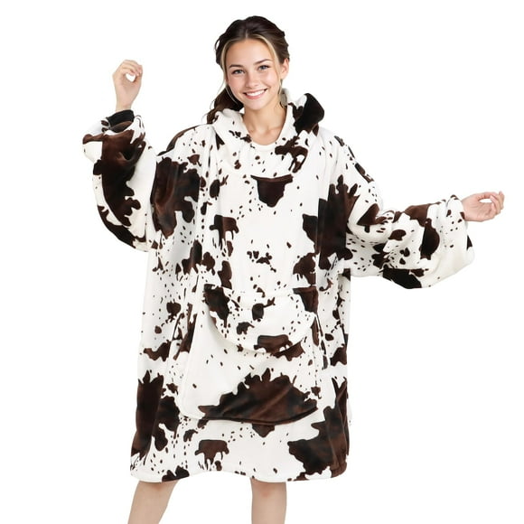 Kivee Wearable Blanket Hoodie Cow Print Oversized Fleece Sweatshirt Blanket With Giant Pocket Warm Cozy Hooded Blanket For Adult Cow Gifts For Women Men
