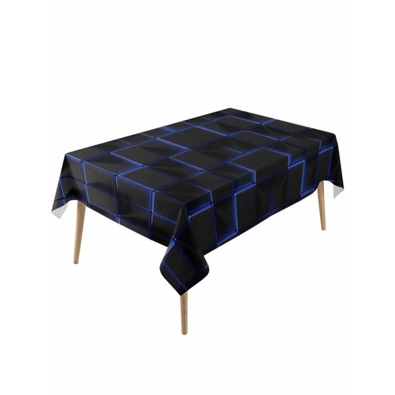 Blue Black Cubes Rectangle Tablecloth, Modern Geometric Abstract Art Waterproof & StainResistant Tablecloth, Washable Oil-proof Table Cover for Dining/Party/Wedding/Camping/Buffet 60x120 In
