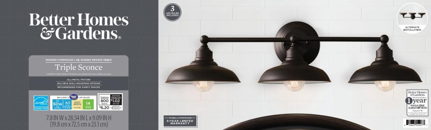 Better Homes &Gardens 28in Classic Farmhouse 3-Light Vanity Light, 60W Equiv, Triple Sconce Bronze