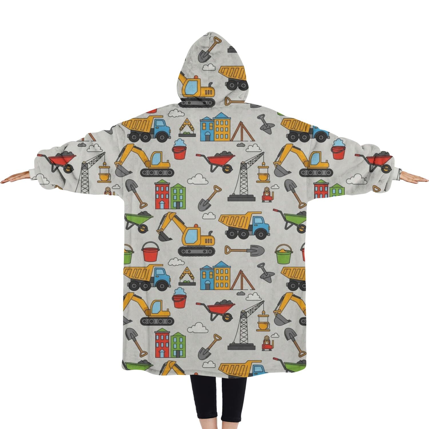 Oversized Wearable Blanket Hoodie,Cartoon Construction Vehicles Shovels Light Gray Pattern Sherpa Blanket Hoodie with Super Pockets,Super Warm Fuzzy Pullover for Women & Men