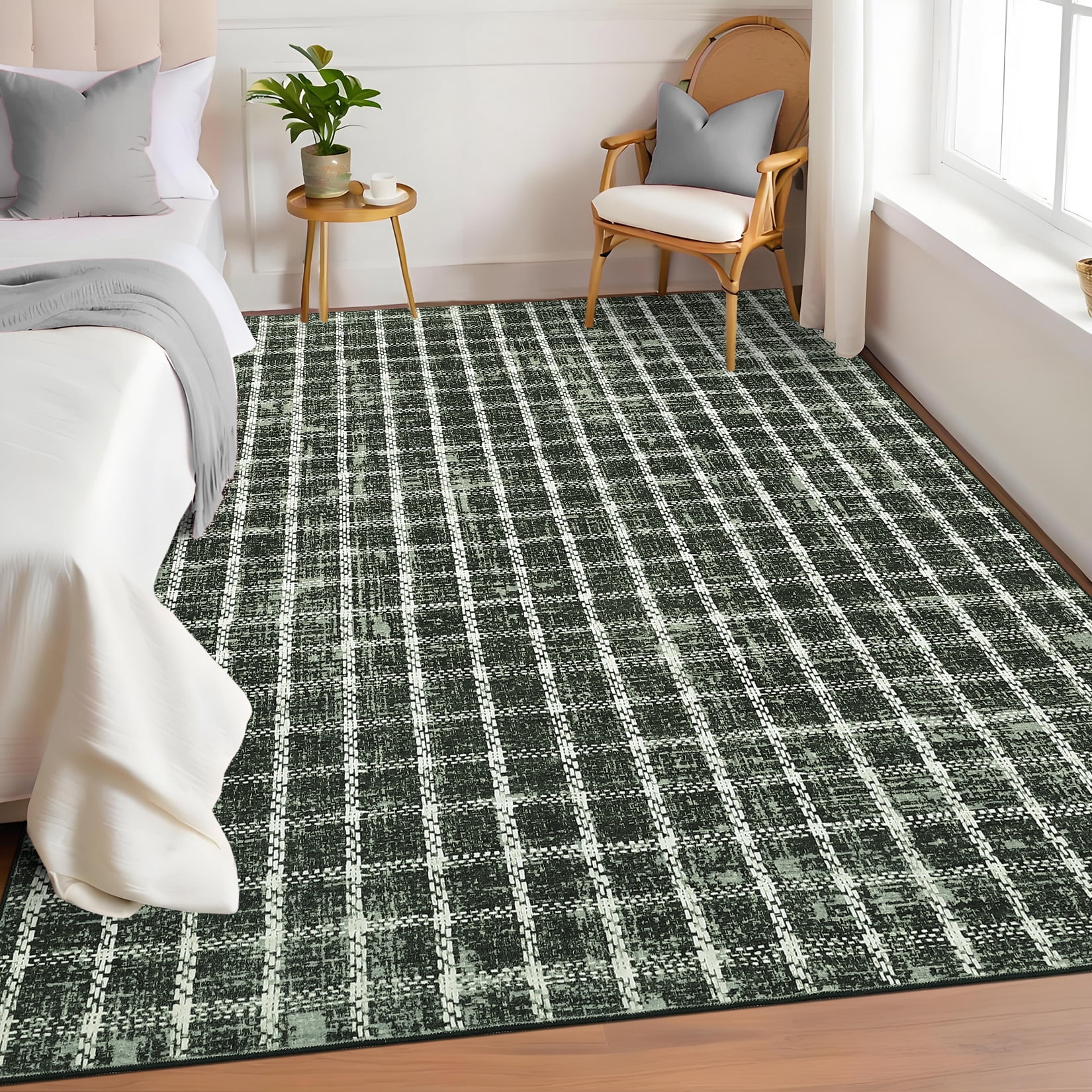 Garvee 6'x9' Area Rugs Modern Plaid Rug, Washable Geometric Rug Stain-Resistant Non Slip Indoor Rug for Living Room Dining Room Office, Green