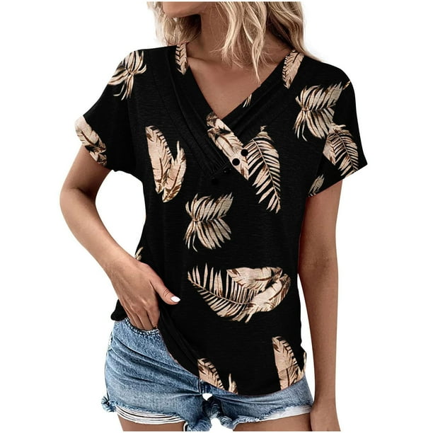 Tops de Algodón para Mujeres Cuello en V Moda Casual Manga Corta Primavera Verano Top para el Hogar Y Diario