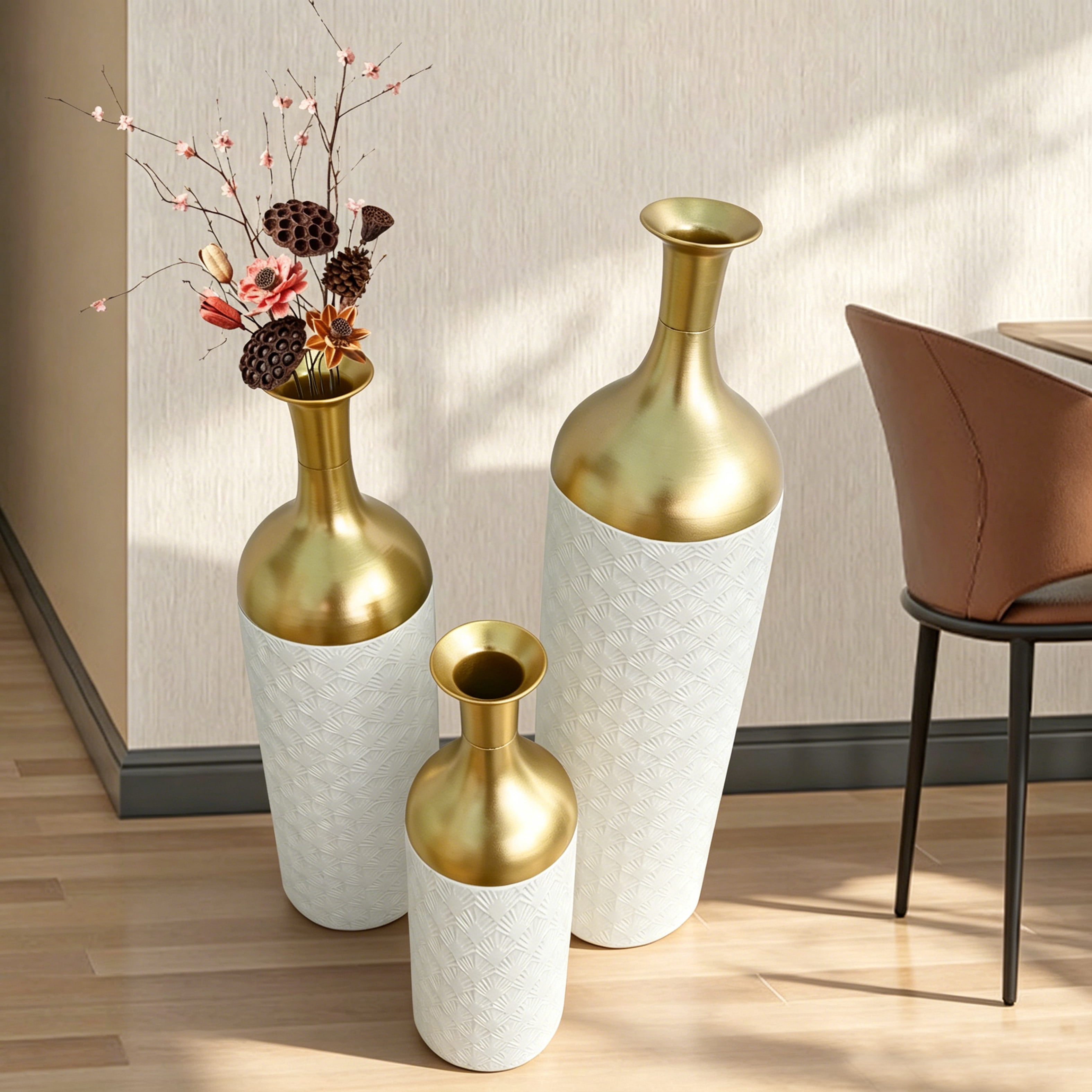 Metal Floor Vases Set of 3 with Leaf Pattern, Tall Decorative Vases and Home Decor Accents for Living Room Entryway, White and Gold