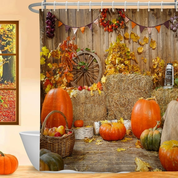 MIZHONA Fall Thanksgiving Shower Curtain Autumu Havest Pumpkins Bathroom Curtain Set,72Wx72L