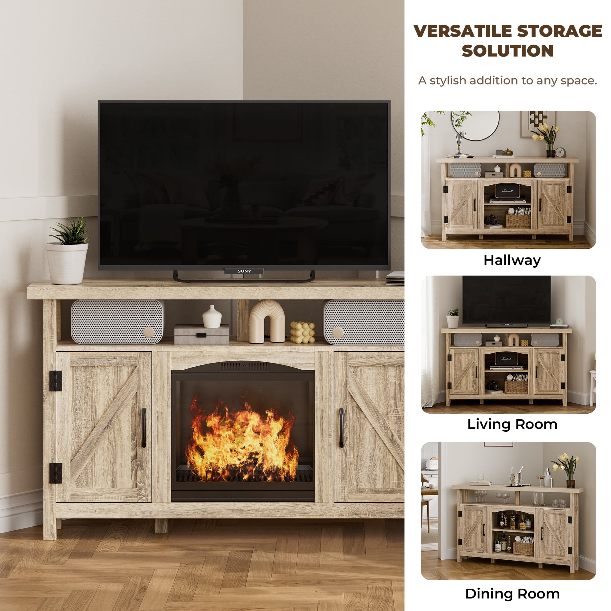 StorageWorks Farmhouse Corner TV Stand for TVs up to 60", Entertainment Center with Sliding Barn Doors and Storage Cabinets, Rustic Brown