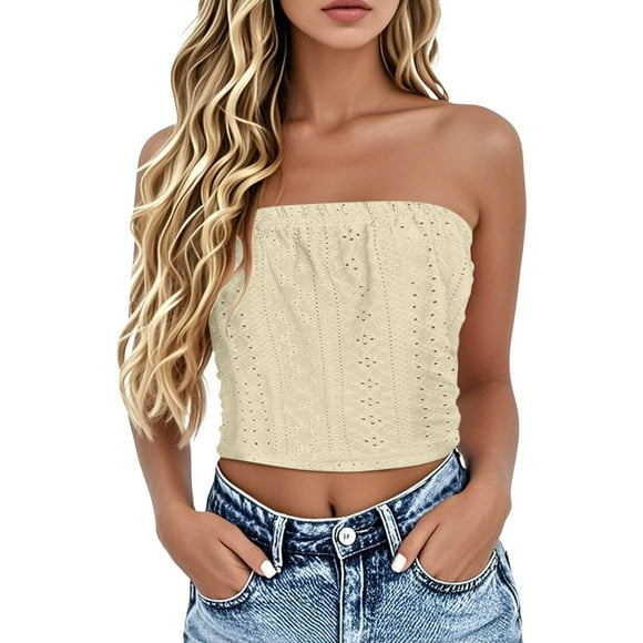DondPO Womens Strapless Tops Loose Tube Tops For Women Boho Tube Top Strapless Shirts For Women Cotton Tube Tops For Women Beige S
