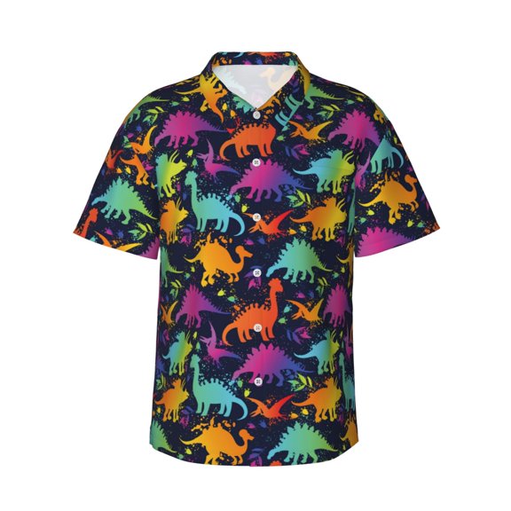 Logiee Colorful Dinosaur Print Mens Hawaiian Shirts,Loose-Fit Short Sleeve Button Down Tropical Aloha Beach Shirt,Summer Vacation Wedding Tops,Small