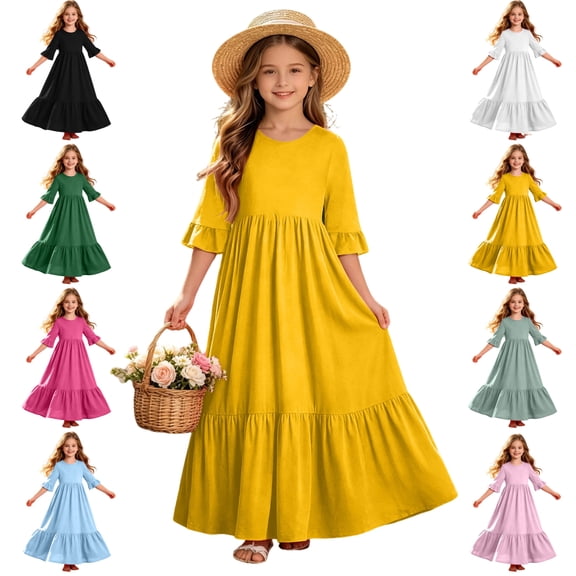 LEKWK Girls Maxi Dress Short Sleeve Ruffled Tiered Dresses Kids Loose Flowy Long Sundress with Pockets Casual Summer Beach Vacation Outfit 4-14Y