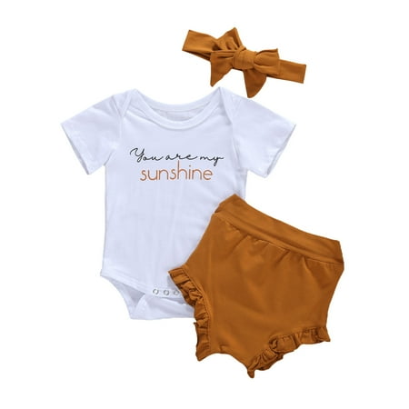 

0-18M Baby Girls 3pcs Outfit Round Collar Short Sleeve Letter Romper Solid Color Lace Shorts Headwear Baby Girls Summer Set
