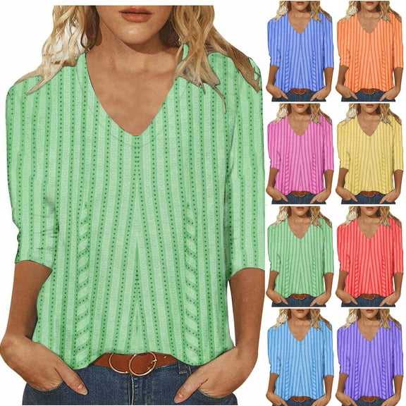 Ashirexll Ladies Tops and Blouses, Short Sleeve Tops for Women, Fashion Casual Printed 3/4 Sleeve V-neck Top