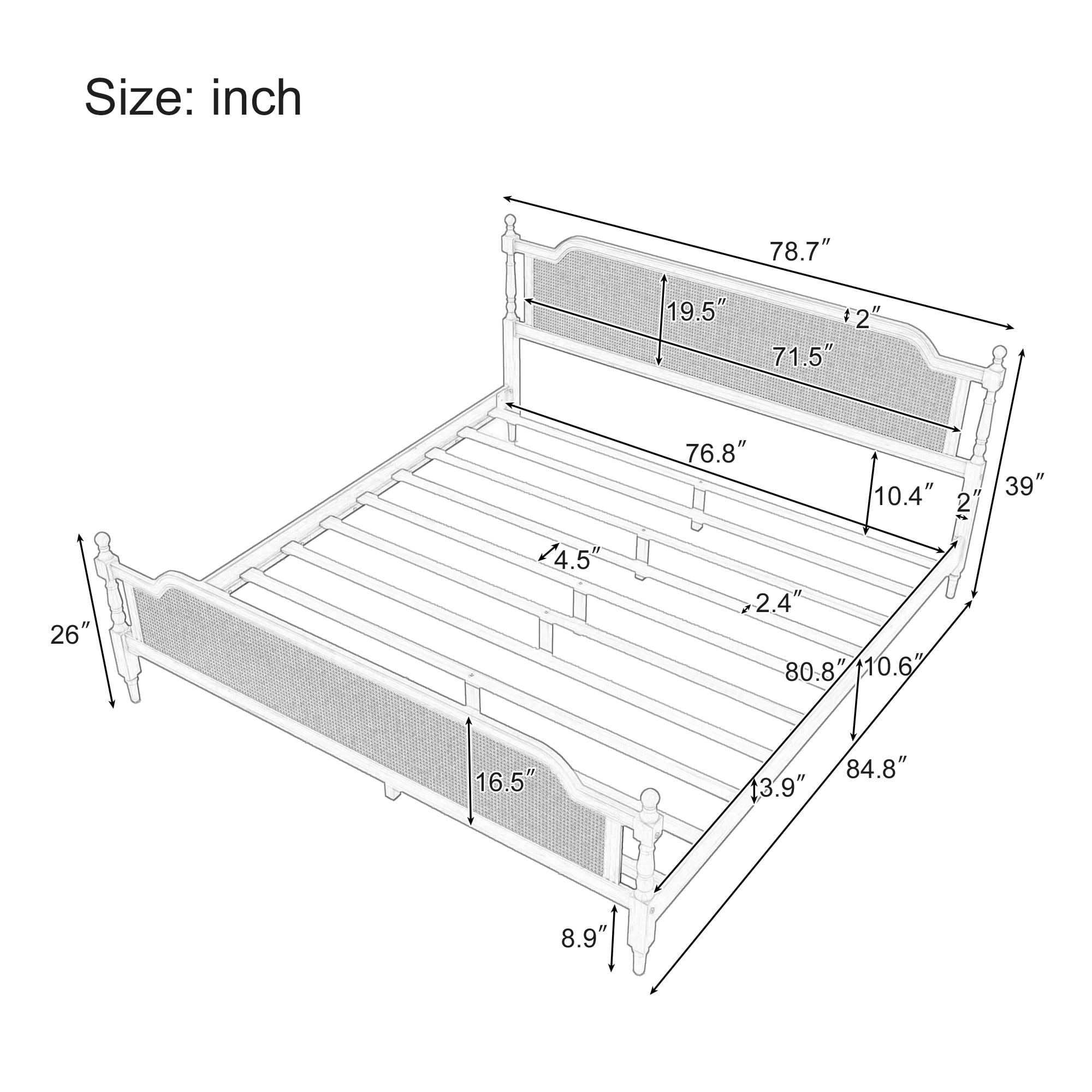 Noble House King Size Traditional Style Rattan Bed Frame,No Box Spring Needed,Antique White