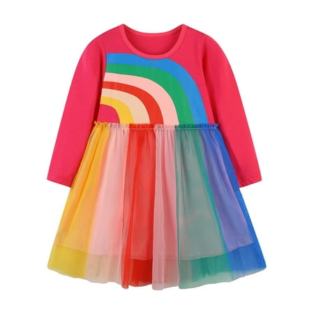 

AMILIEe Kids Baby Girl Dress Long Sleeve Sweet Rainbow Print High Waist Tulle Princess Dress