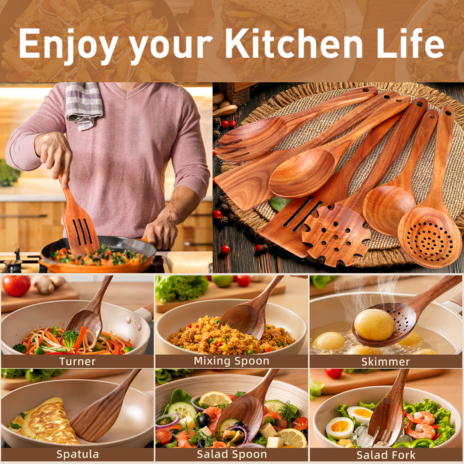 12 Pcs Teak Wooden Spoons for Cooking– Non-Toxic, Non-Stick Kitchen Utensils Set Wood Spatulas with Hooks, Spoon Rest & Holder – Lightweight, Heat Resistant, Eco-Friendly.