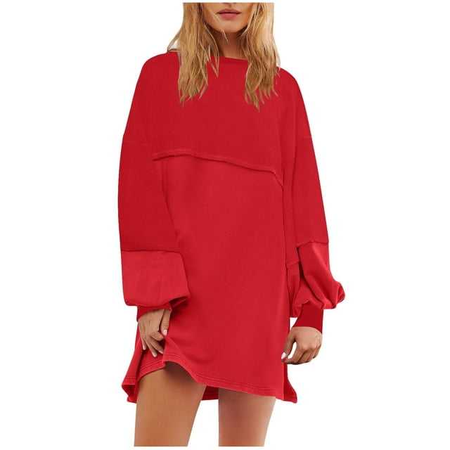 Lovzfmll Robe Fendue Moulante à Manches Longues et Col Rond pour Femme, Couleur Unie, Rouge, G