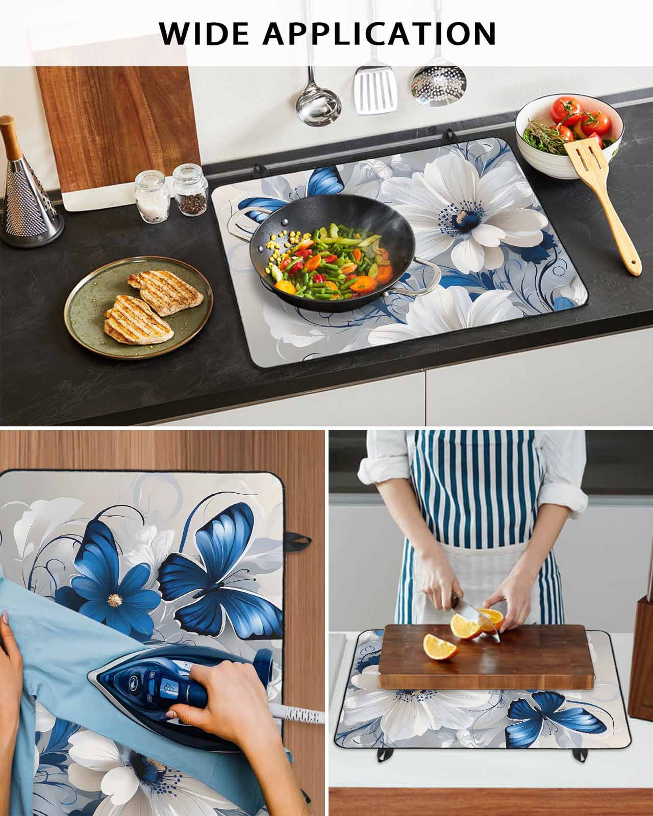 nqOlkjepod Large Induction Cooktop Protector Mat 36"x21", White Blue Flowers Stove Top Covers for Electric Stove, Modern Elegance Butterfly Floral Stove Burner Cover Mats, Glass Top Stove Cover