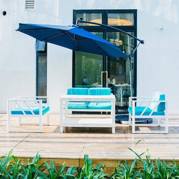 Ainfox 10ft Solar 32 Leds Offset Hanging Patio Umbrella Outdoor Market Umbrella Inclined Waterproof And Sun Shade Design Easy Tilt Adjustment 8 Ribs Without Weight Base Navy Blue Walmart Com Walmart Com