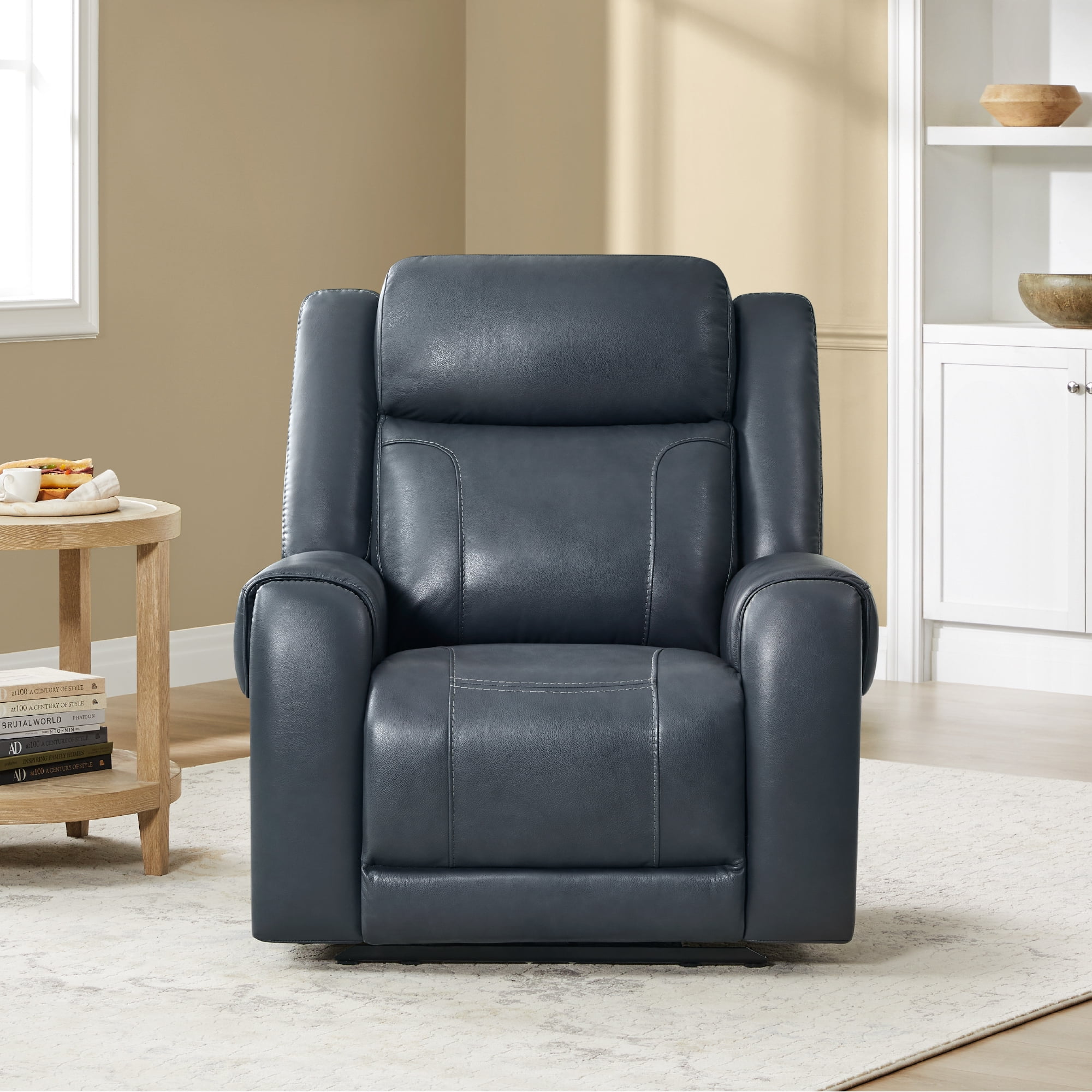 Spruce & Spring Wall Hugger Genuine Leather Power Recliner with Headrest, Navy