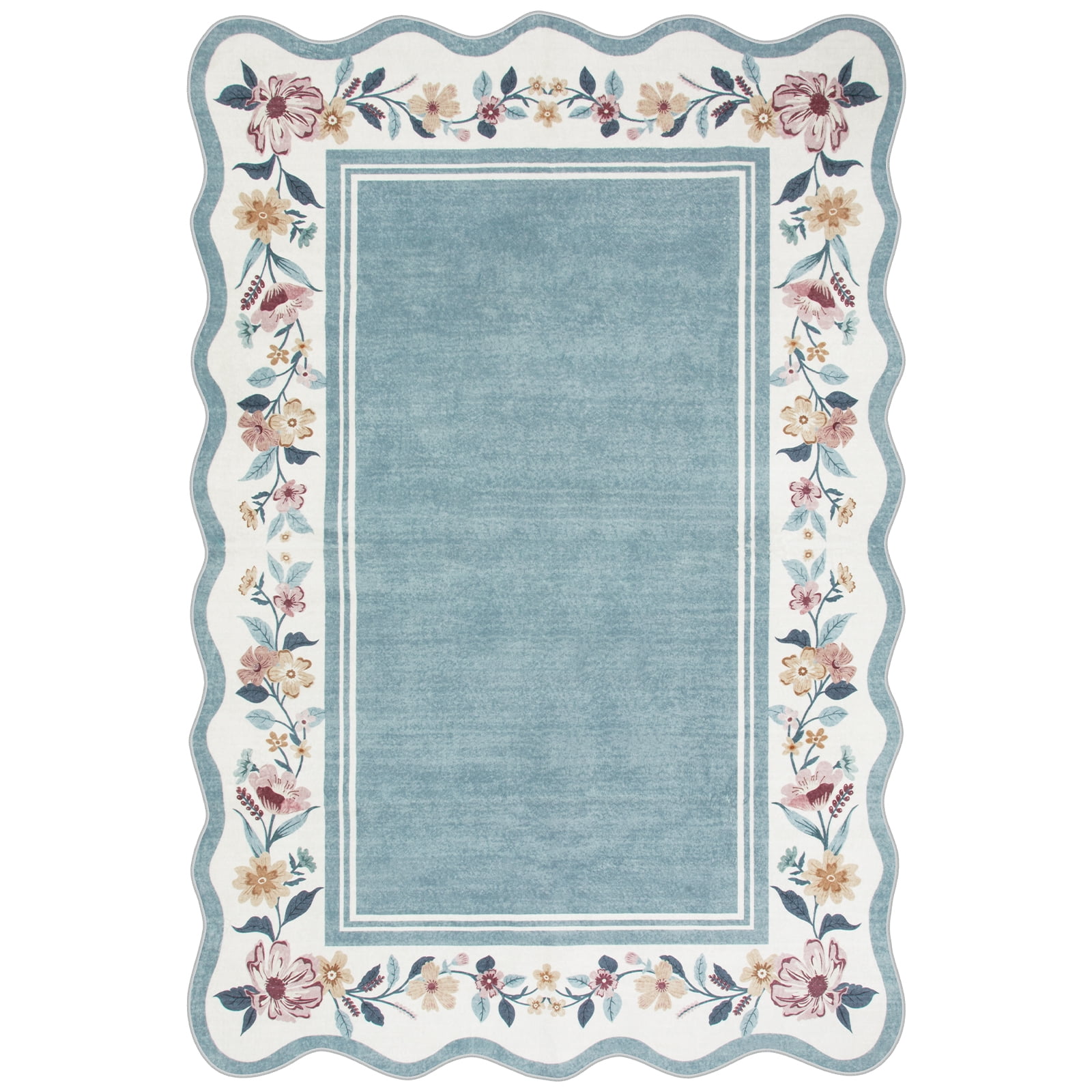 Lahome 2'x3' Boho Floral Washable Small Rug,Ultra-Thin Scalloped Rug, Non-Slip & Stain Resistant,Soft Low-Pile Mat for Kitchen, Bathroom, Bedroom Front Door Indoor Entrance (2x3ft,Blue)