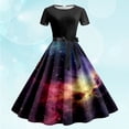 thumbnail image 1 of Vestidos de Dama Vestido Informal de Verano Para Mujer, Cuello Redondo, Manga Corta, Cinturón Extraíble, Estampado de Galaxia, 1 of 3