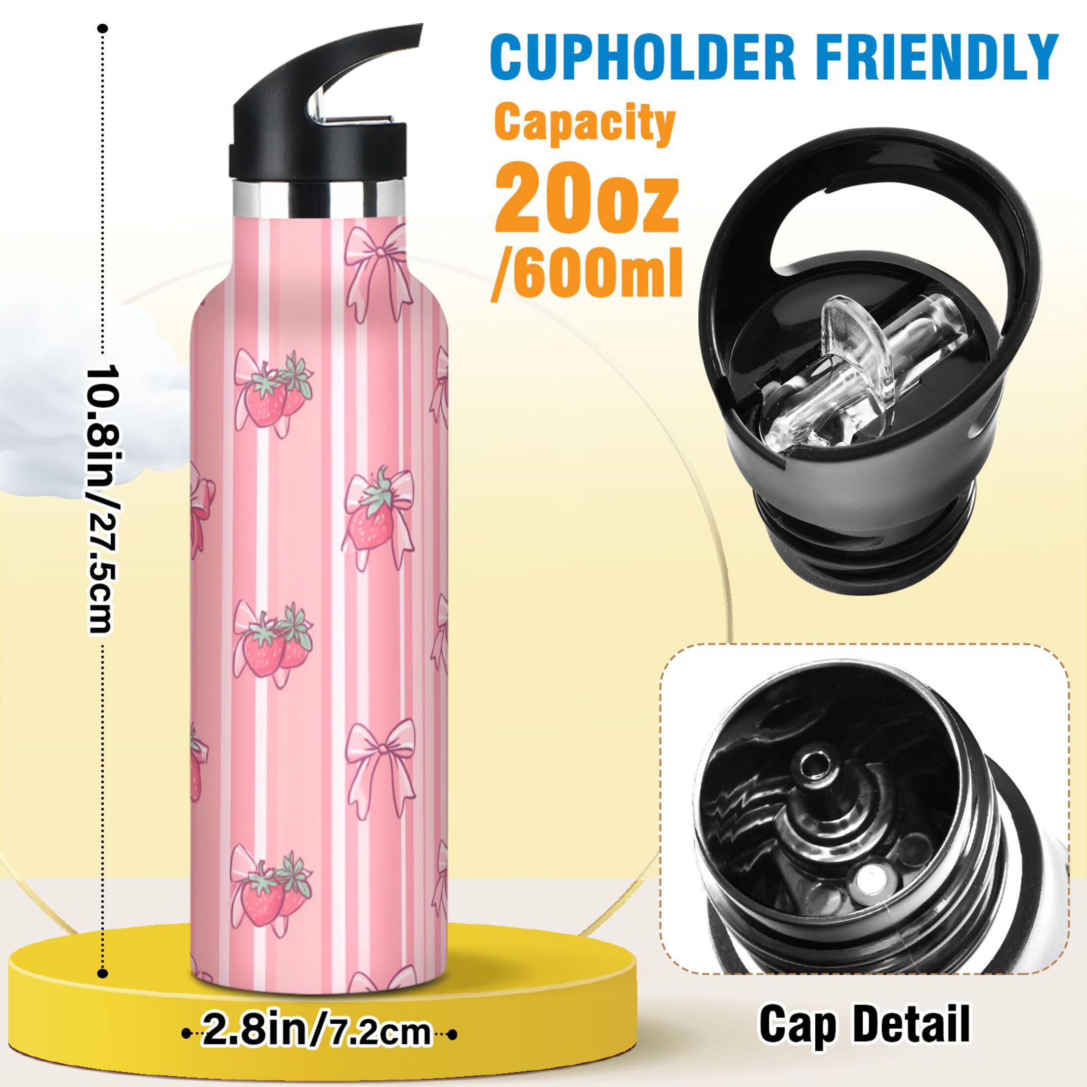 Kids Insulated Stainless Steel Sports Water Bottle 600ml (20oz) Pink Bows and Strawberries