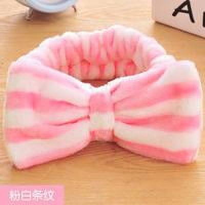 Bandeau Design Nœud Papillon pour Femmes, Bandeau de Maquillage en Velours Corail, Rayures Roses et Blanches