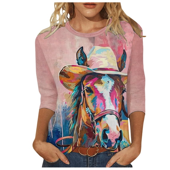 MaFYtyTPR Women 3/4Sleeves Casual Shirts Pullover Loose Tunic Tops Print Blouse 2024 Hot Blouses&Shirts Pink L