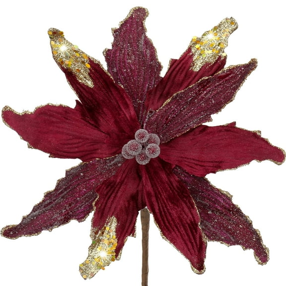 Briful 12'' Large Heads Christmas Glitter Poinsettia Flowers Christmas Tree Ornaments Set of 4 Artificial Flowers with Long Stems for Xmas Tree Party DIY Holiday Decorations, Burgundy