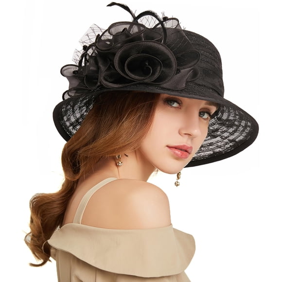 RZTA Sombrero de vestir de iglesia Kentucky Derby para mujer, ala ancha, flor de hoja, sombrero de despedida de soltera